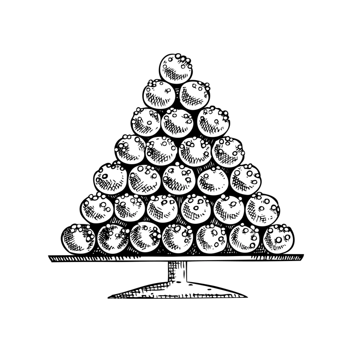 Marzipan candies on plate sketch. Hand-drawn vector illustration. Marzipan potatoes drawing. Traditional European Christmas market food, sweets, desserts. Christmas design elements